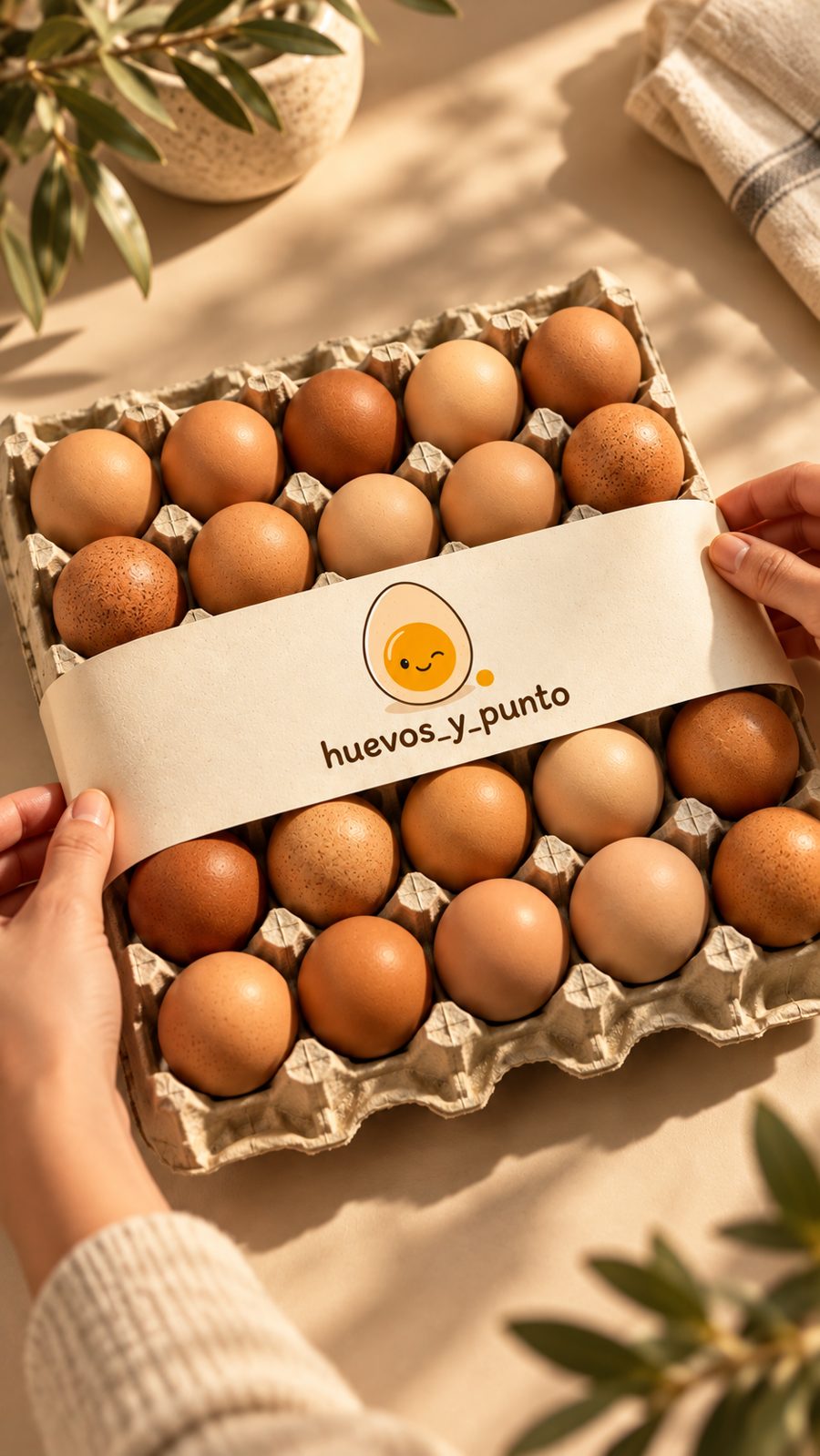 Manos sosteniendo una bandeja de 30 huevos de campo con la faja de huevos_y_punto