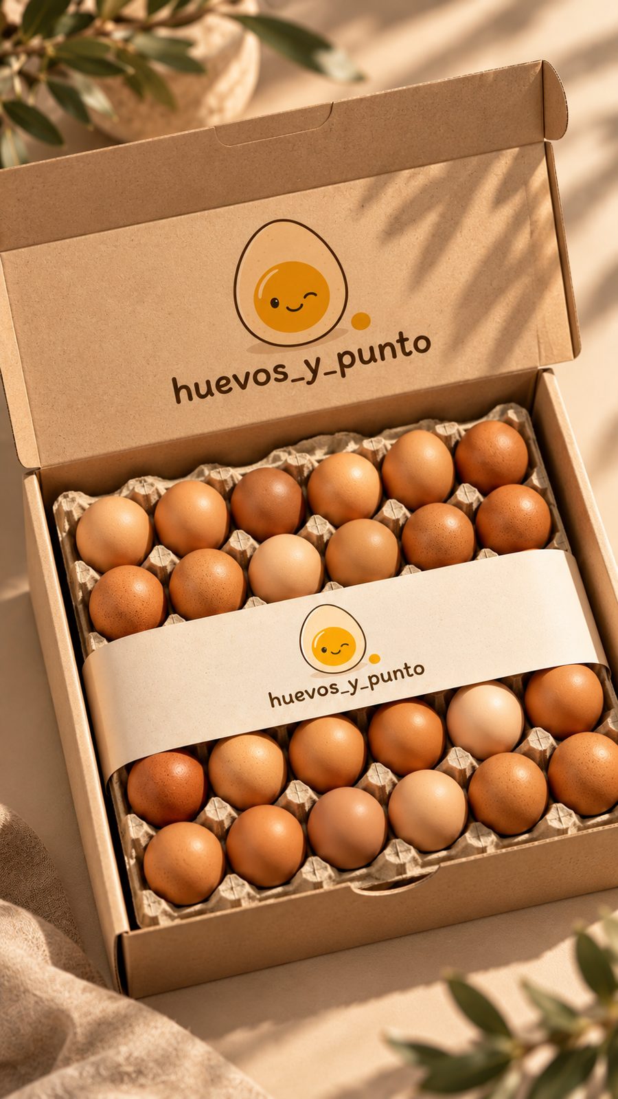 Caja kraft abierta con el logo de huevos_y_punto y una bandeja de 30 huevos de campo